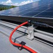 Czerwony kabel fotowoltaiczny HELUKABEL SOLARFLEX-X H1Z2Z2-K 1x4 mm² zamontowany przy panelach PV